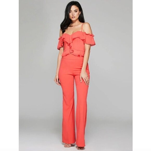 Marciano Juliet Off-Shoulder Bustier Top XS NWT Hibiscus Red Ruffles Mini Length - Picture 6 of 8